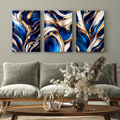 Blue, White & Golden Fluid Art Acrylic Wall Art (Set of 3)