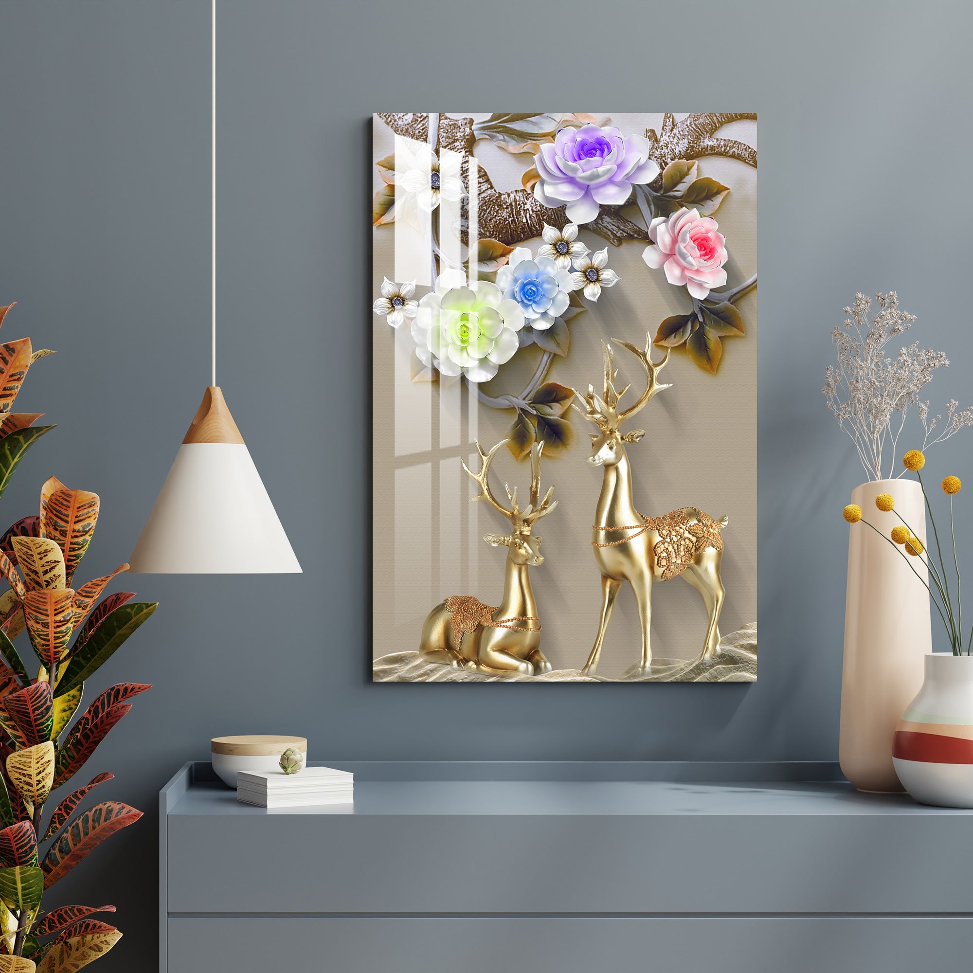 Golden Deers with Colourful Flowers Acrylic Wall Art - 23.5X16 inches / 3MM