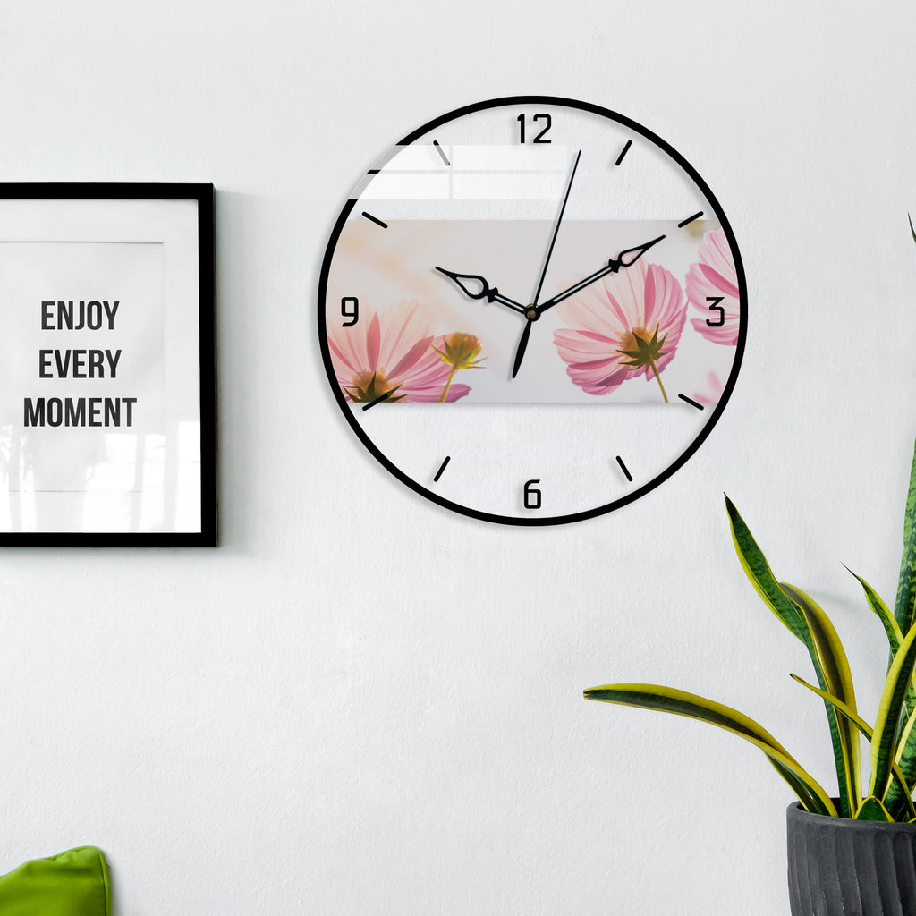 Candy Pink Flower Printed Acrylic Wall Clock