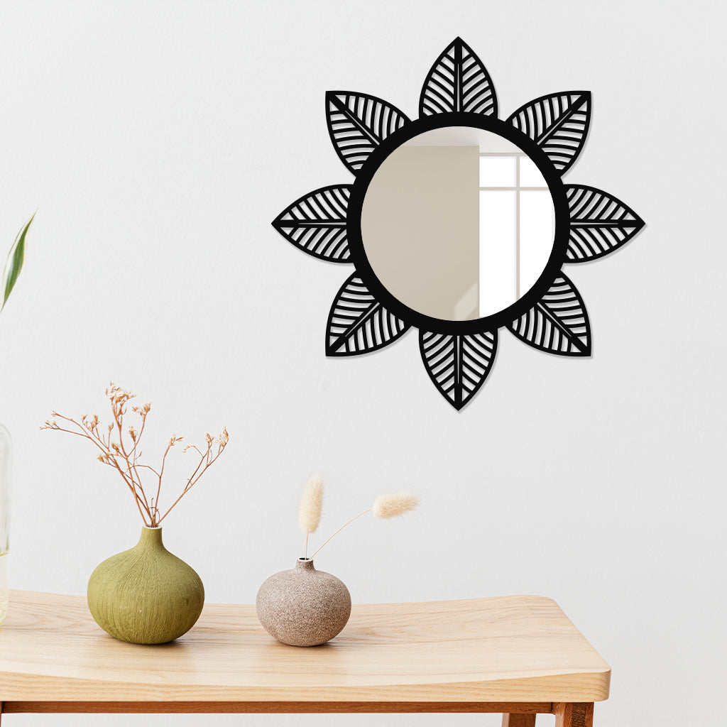 Round Metal Wall Mirror With Leaf