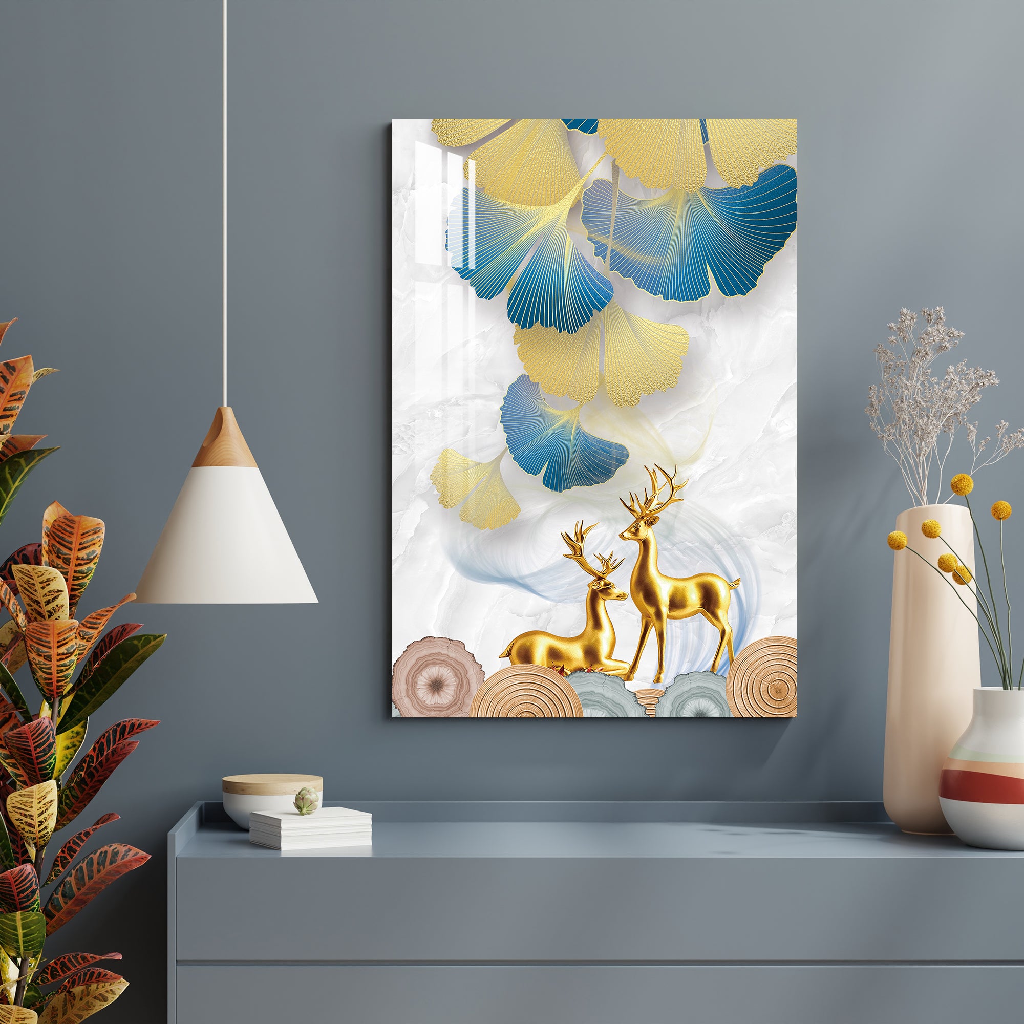 Golden Deers With Leaves Acrylic Wall Art