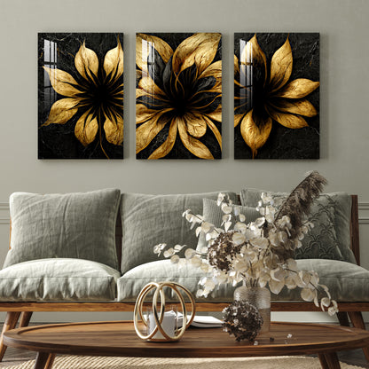 Black & Golden Fractal Flowers Acrylic Wall Art (Set of 3)