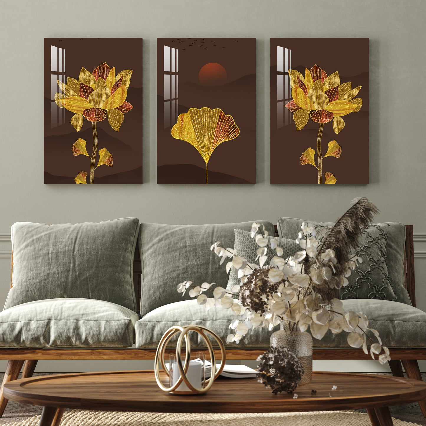 Golden and Red Flowers With Sun Acrylic Wall Art (Set of 3)