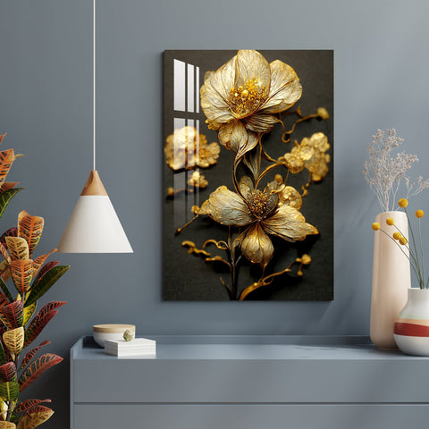 Glittering Golden Flowers Acrylic Wall Art - 23.5X16 inches / 5MM