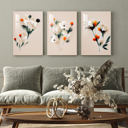 White & Orange Mangolian Flowers Acrylic Wall Art (Set of 3)