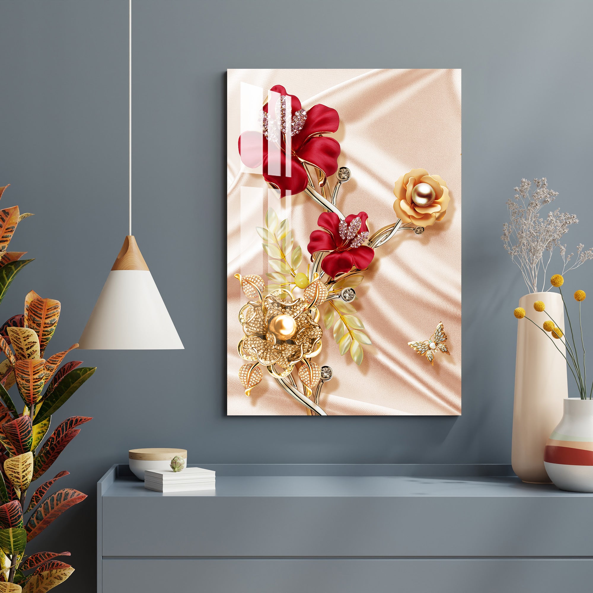Red & Golden Flowers Acrylic Wall Art
