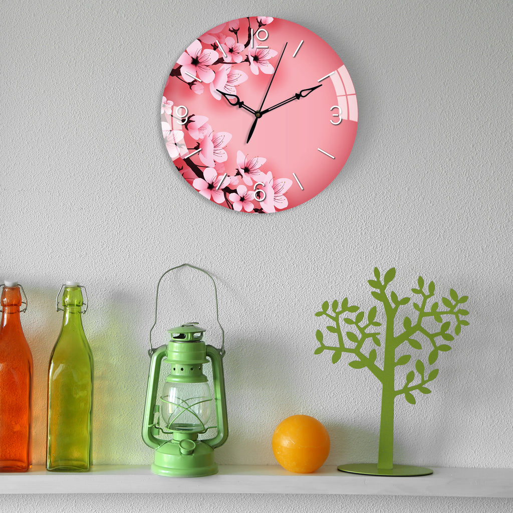 Blooming Pink Flowers Printed Acrylic Wall Clock