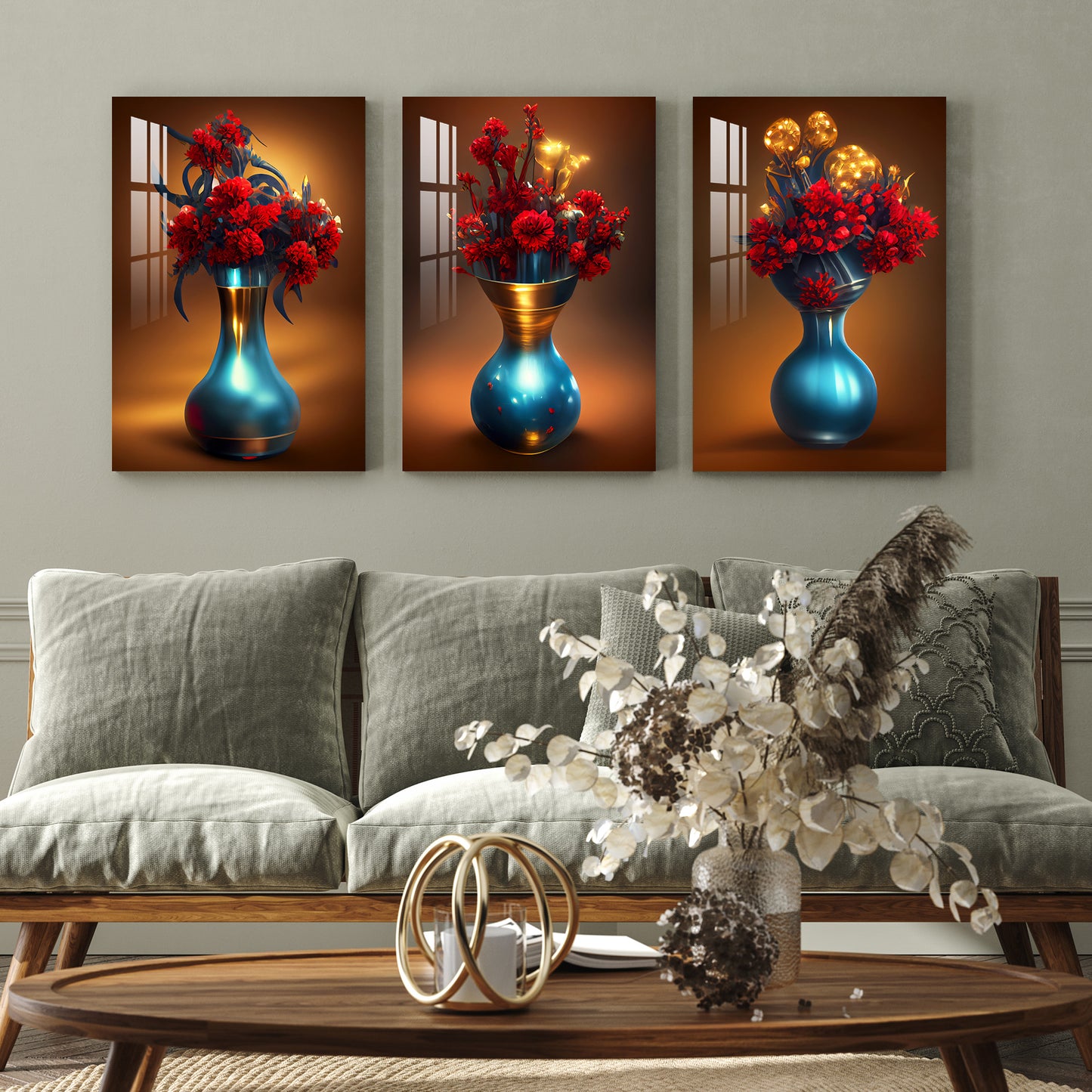 Turquoise Vase with Red Flowers Acrylic Wall Art (Set of 3)