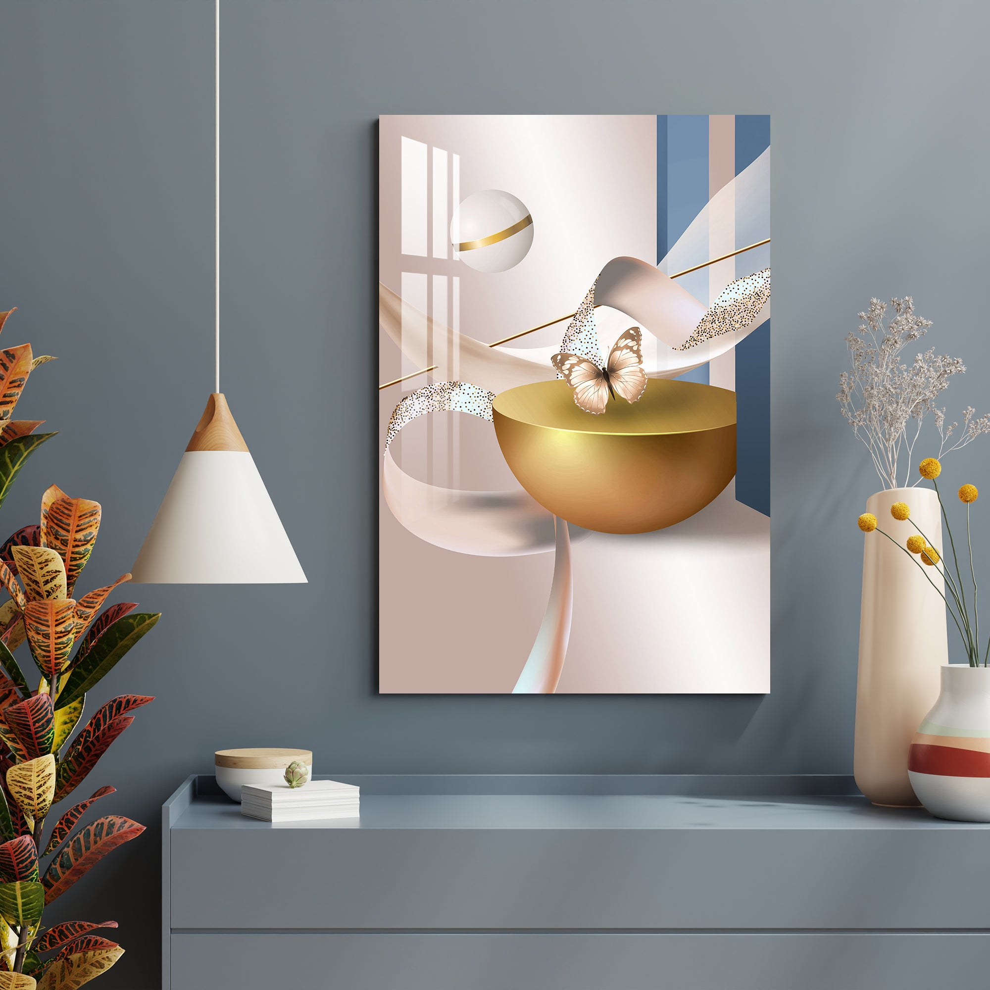 Golden Bowl & Butterfly Acrylic Wall Art