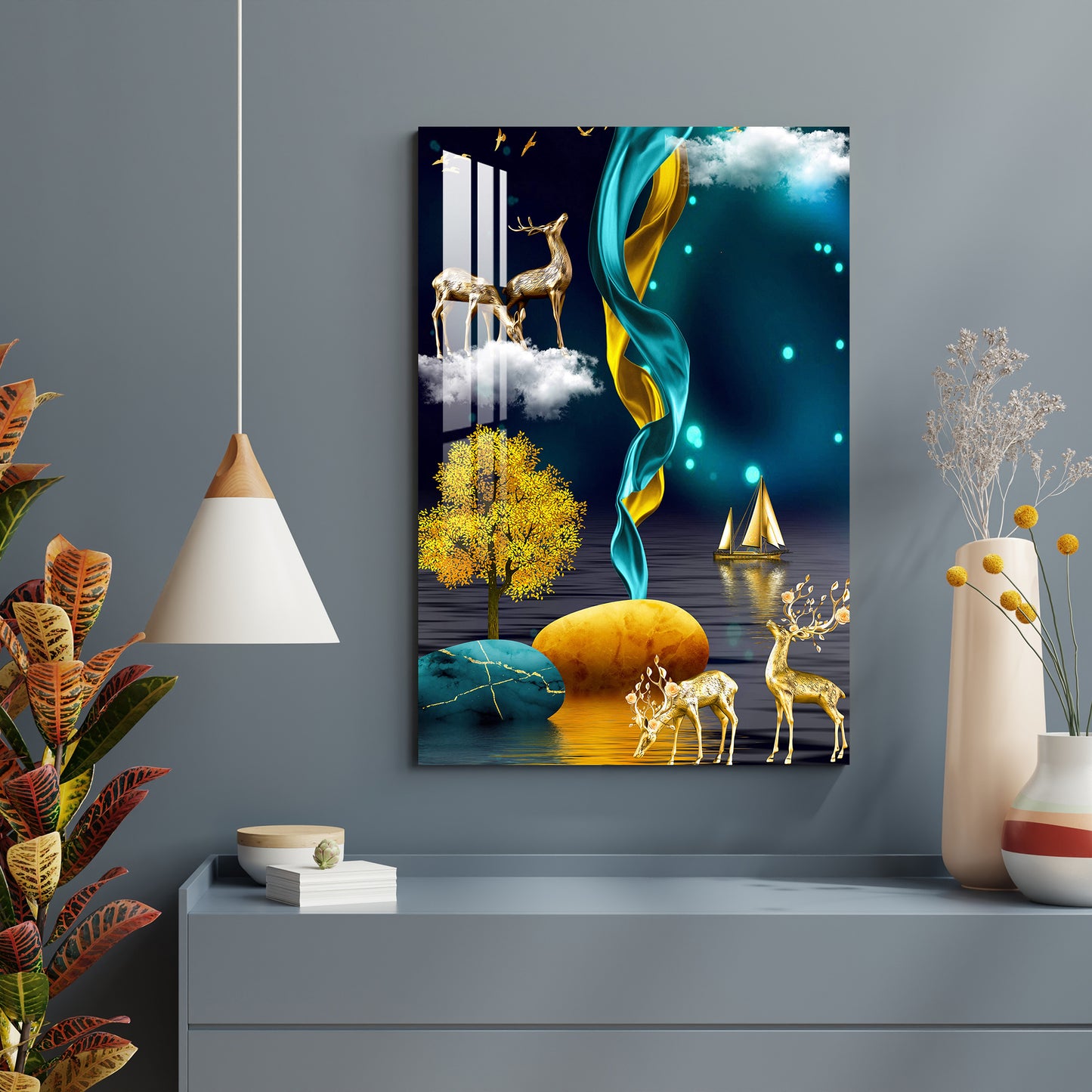 Dark Sky With Golden Tree Acrylic Wall Art