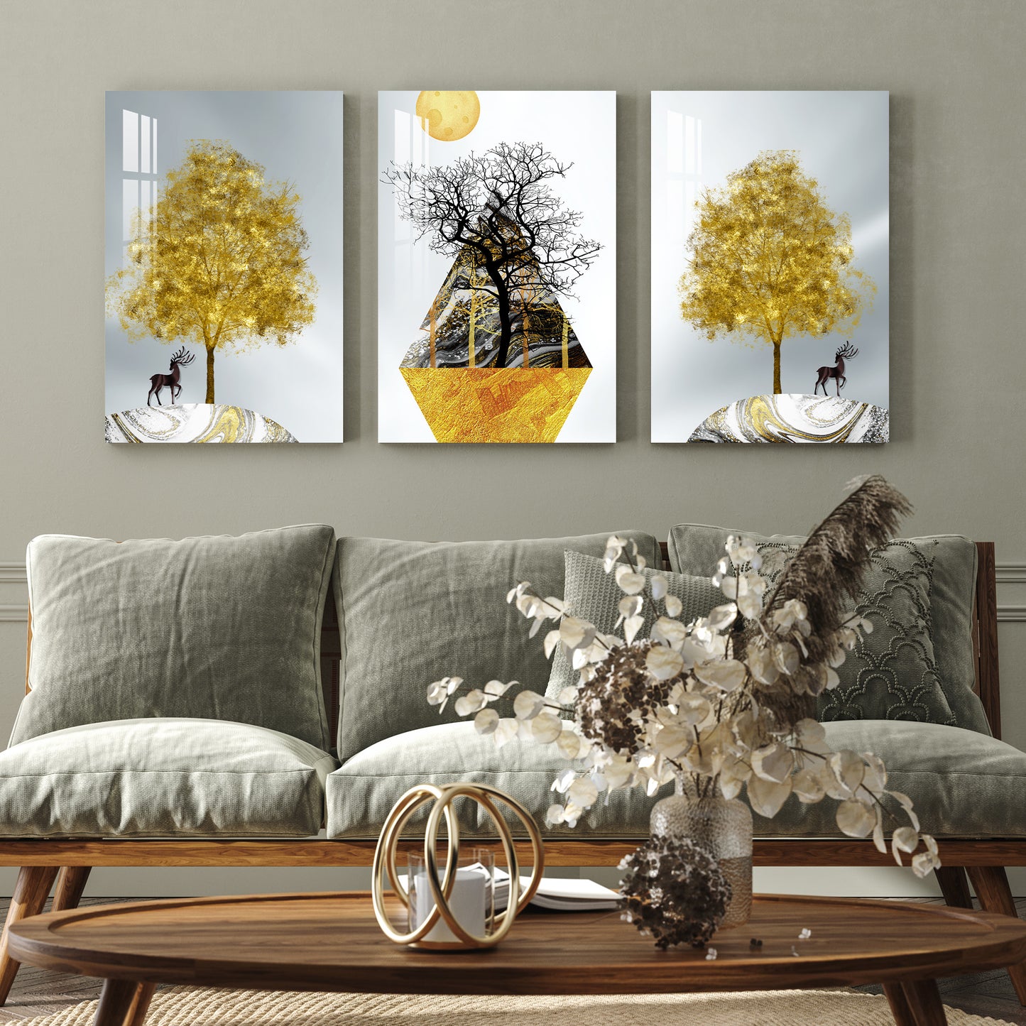 Black & Golden Trees with Sun Acrylic Wall Art (Set of 3)