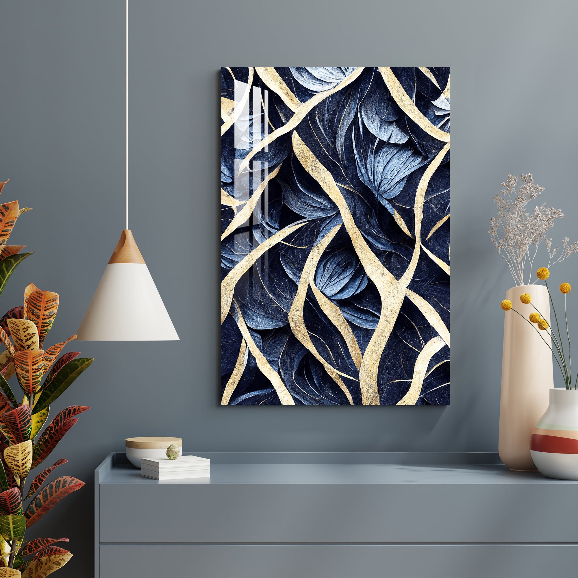 Golden Blue Abstract Lines Acrylic Wall Art
