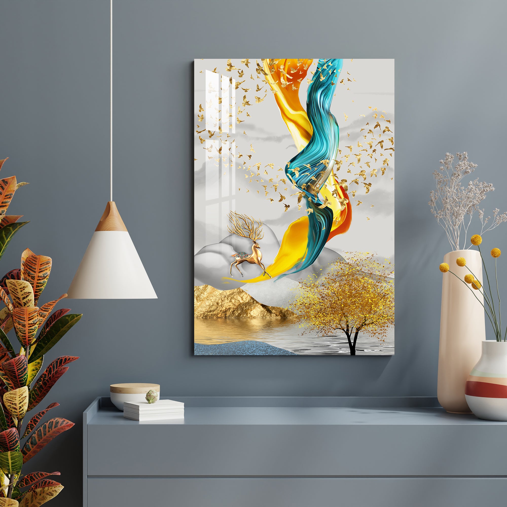 Flying Golden Birds Landscape Acrylic Wall Art