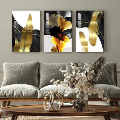 Golden Feathers Acrylic Wall Art (Set of 3)