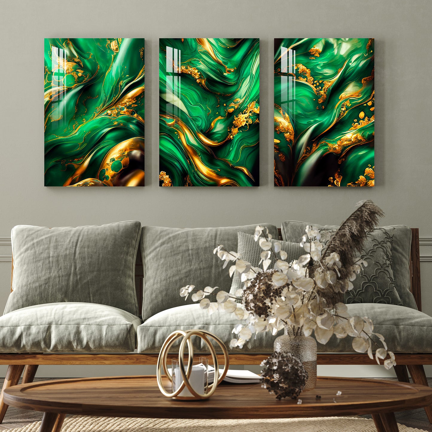 Dark Teal & Golden Ink Swirled Around Acrylic Wall Art (Set of 3)