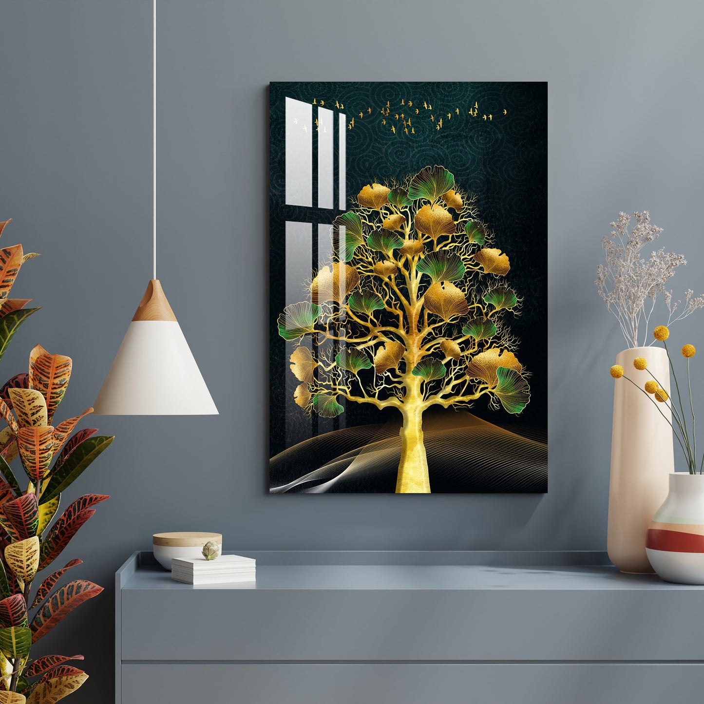 Tree with Golden & Green Leaves Acrylic Wall Art