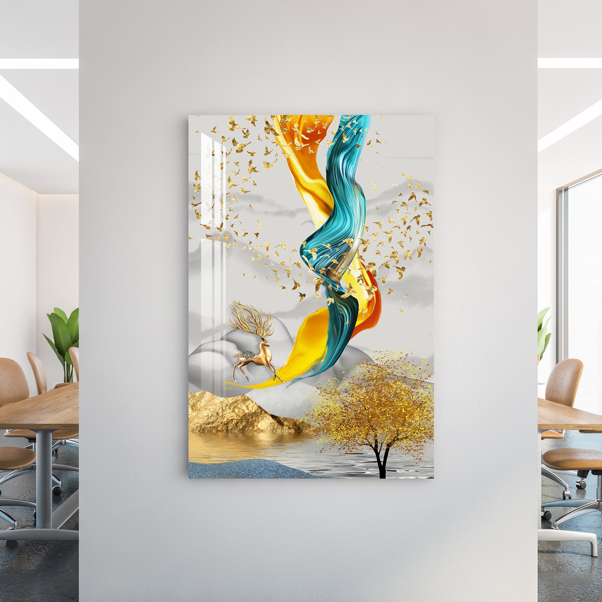 Flying Golden Birds Landscape Acrylic Wall Art