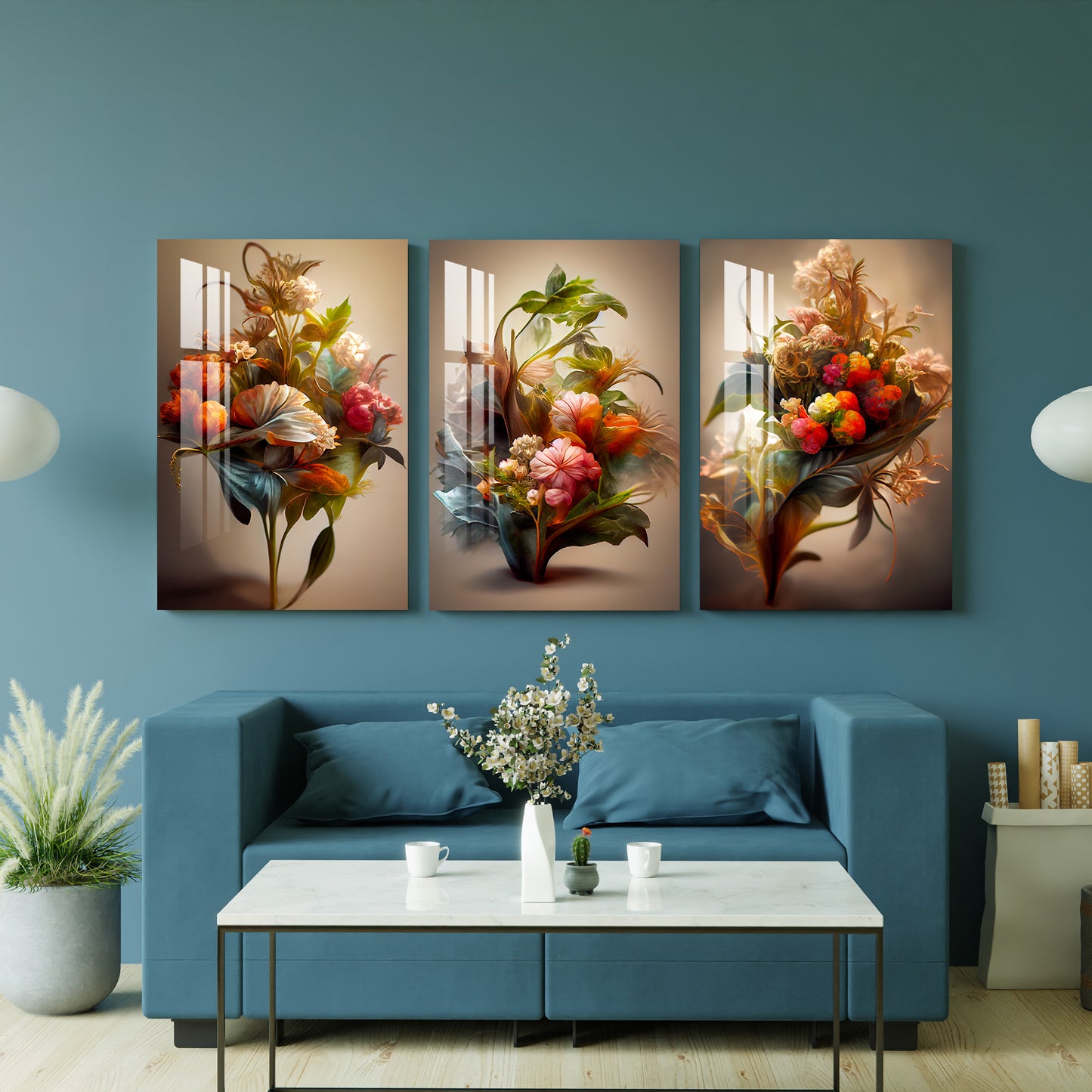 Bunch of Beautiful Flowers Acrylic Wall Art (Set of 3)