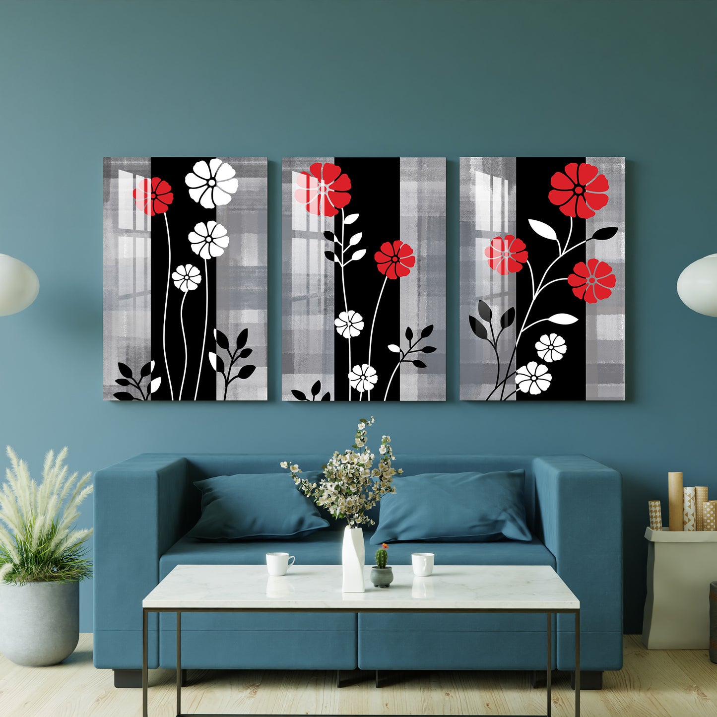 Red & White Flowers Acrylic Wall Art (Set of 3)