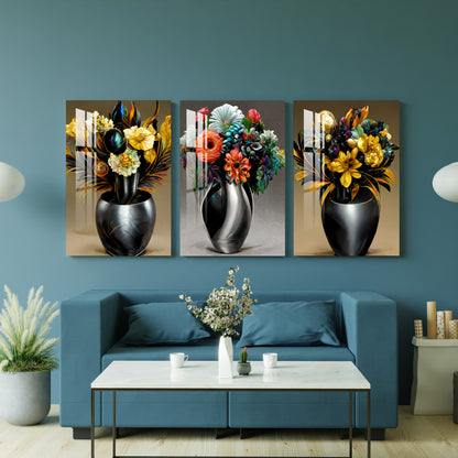 Gunmetal Vase And Flower Acrylic Wall Art (Set of 3)