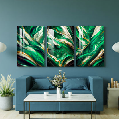 Abstract Green Waves with Golden Foil Acrylic Wall Art (Set of 3)