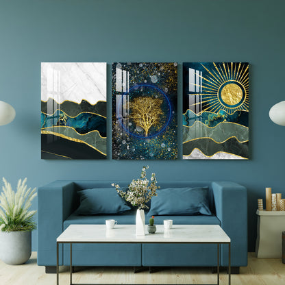 Turquoise Marble Golden Trees Acrylic Wall Art (Set of 3)