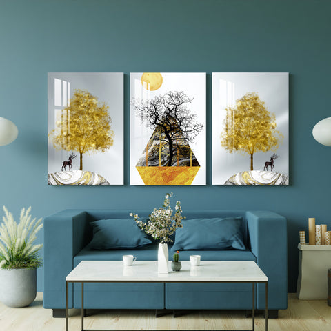 Black & Golden Trees with Sun Acrylic Wall Art (Set of 3)