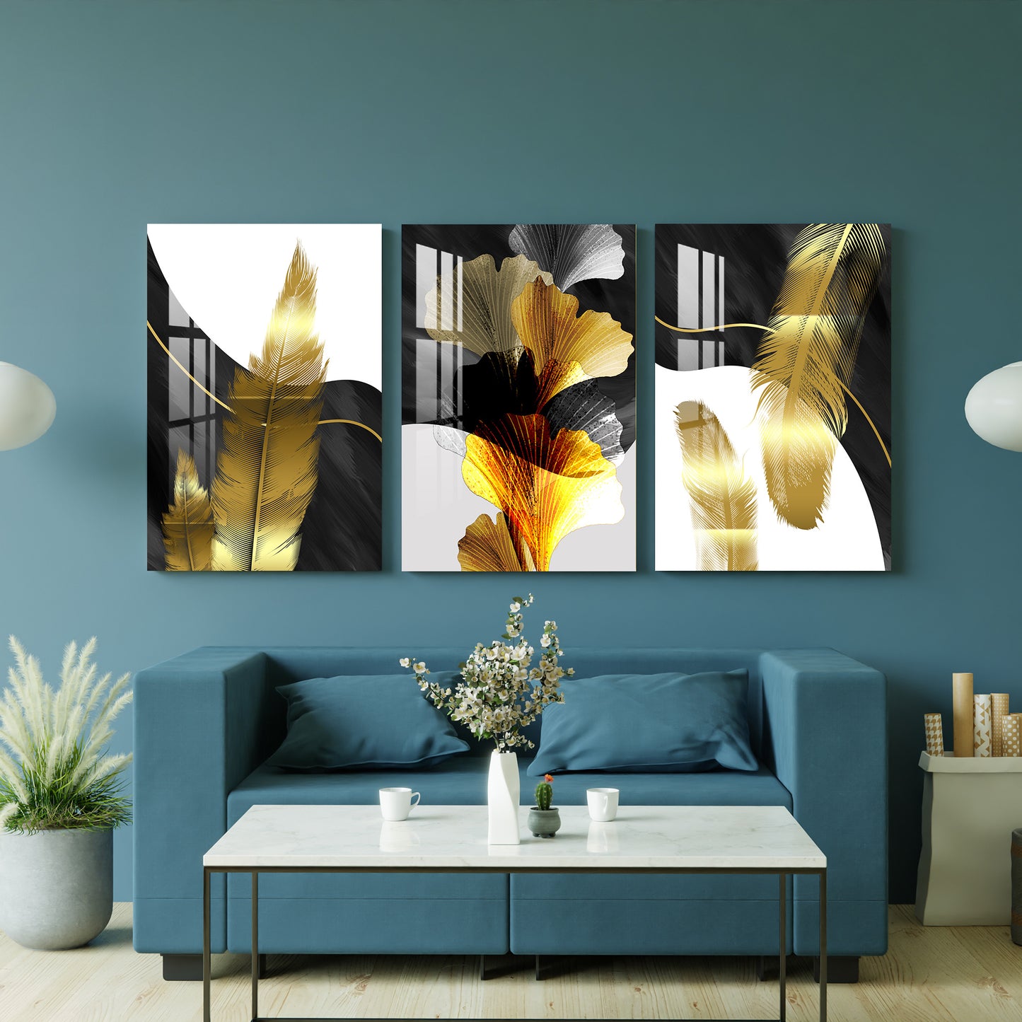 Golden Feathers Acrylic Wall Art (Set of 3)