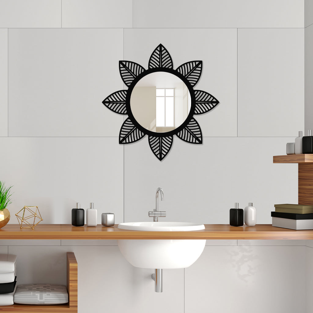 Round Metal Wall Mirror With Leaf