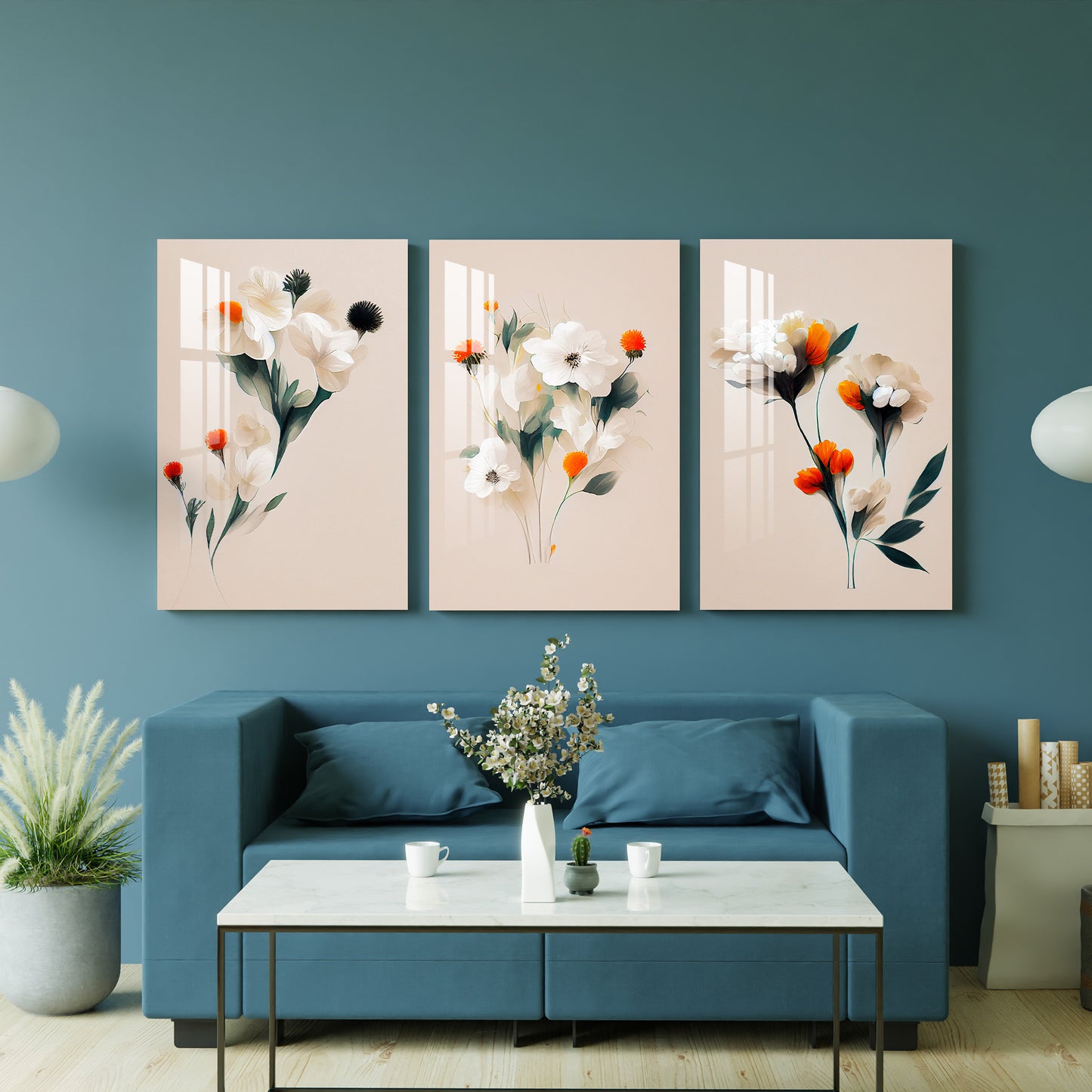 White & Orange Mangolian Flowers Acrylic Wall Art (Set of 3)