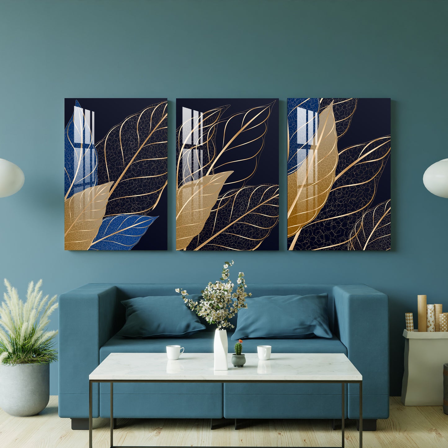 Blue, Golden & Black Leaf Acrylic Wall Art (Set of 3)