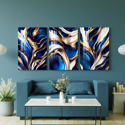 Blue, White & Golden Fluid Art Acrylic Wall Art (Set of 3)