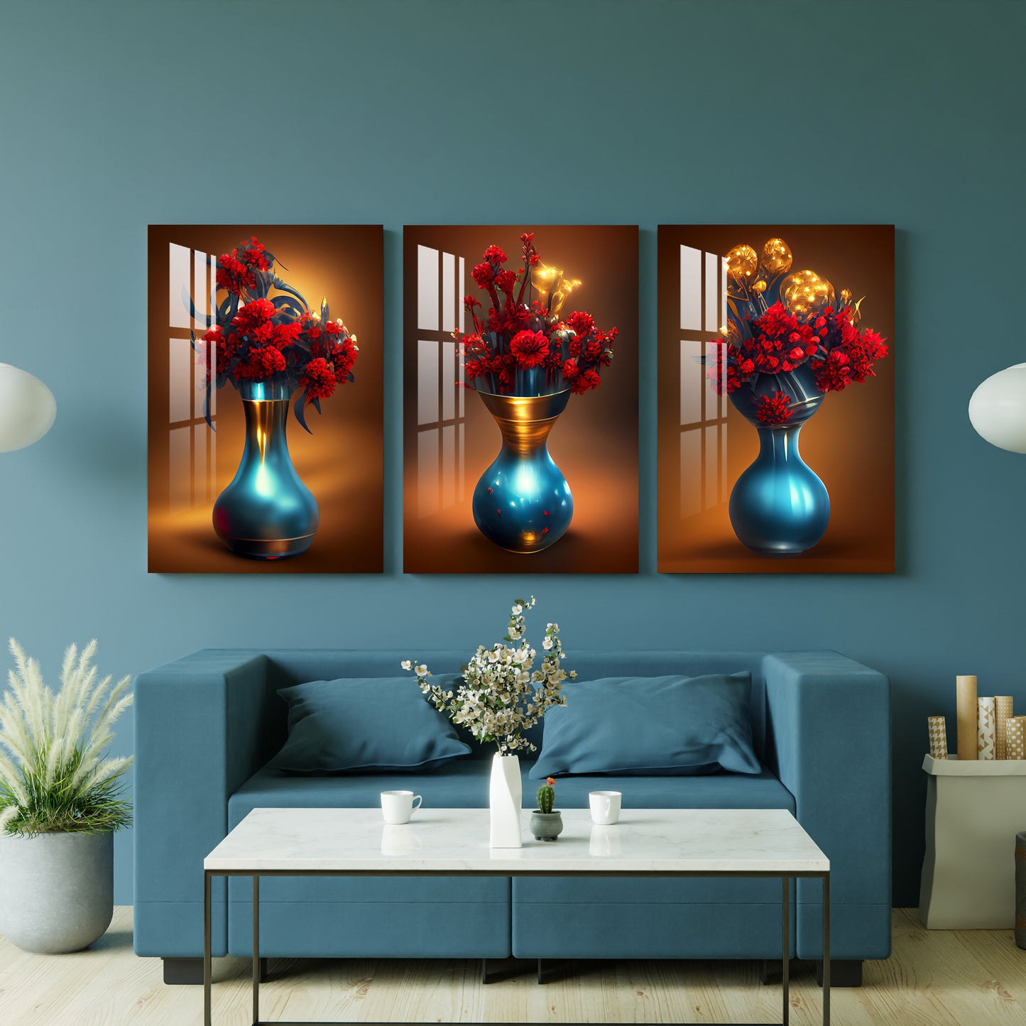 Turquoise Vase with Red Flowers Acrylic Wall Art (Set of 3)