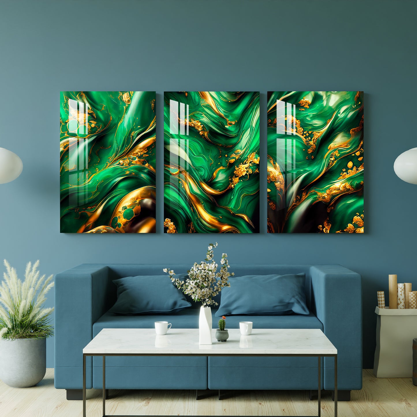 Dark Teal & Golden Ink Swirled Around Acrylic Wall Art (Set of 3)