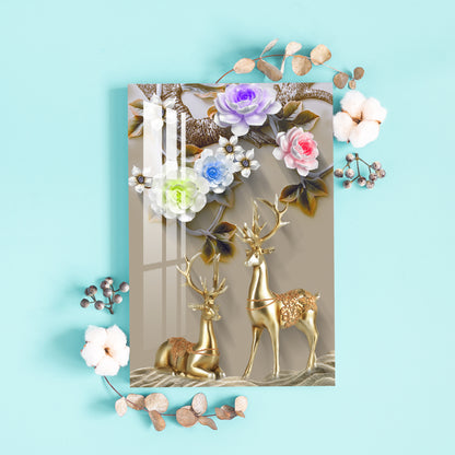 Golden Deers with Colourful Flowers Acrylic Wall Art