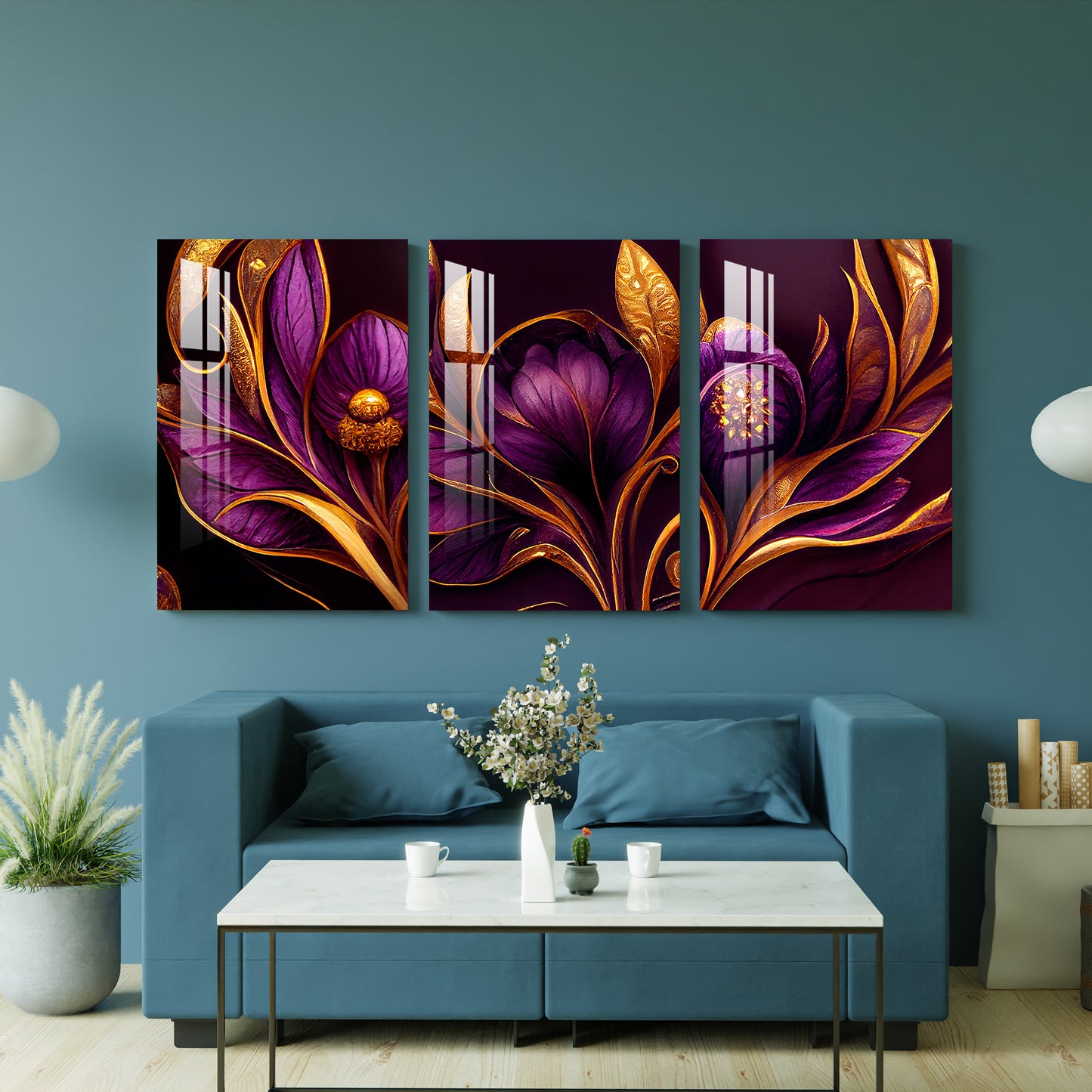 Purple Flowers with Golden Leaves Acrylic Wall Art (Set of 3)