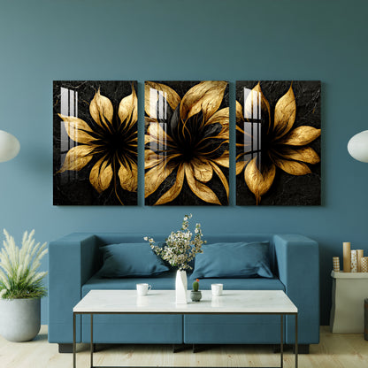 Black & Golden Fractal Flowers Acrylic Wall Art (Set of 3)