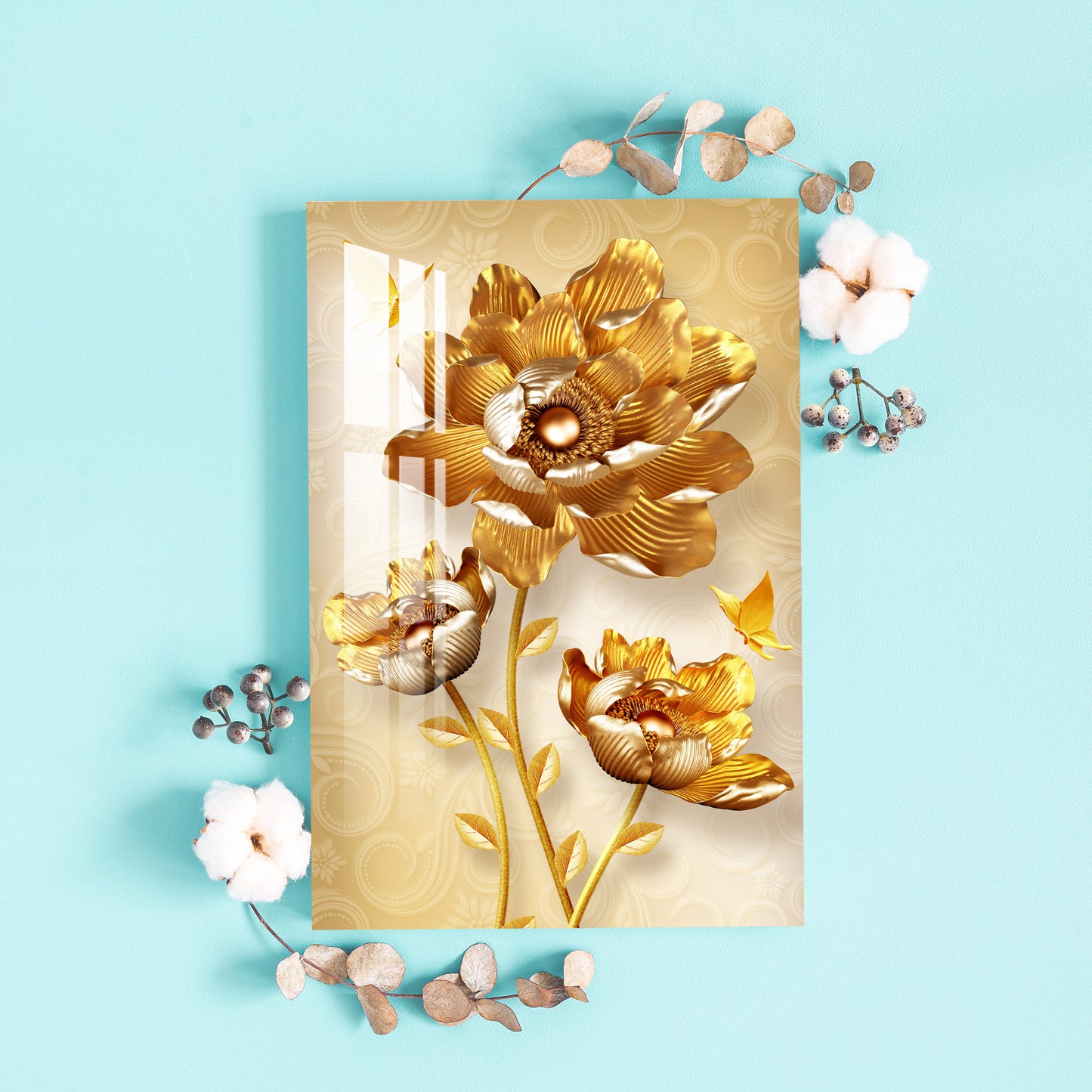 Attractive Golden Flowers Acrylic Wall Art