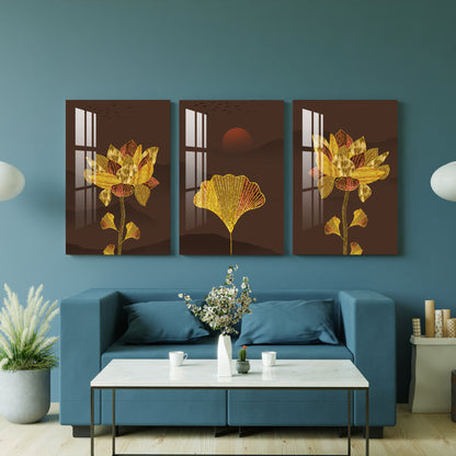 Golden and Red Flowers With Sun Acrylic Wall Art (Set of 3)