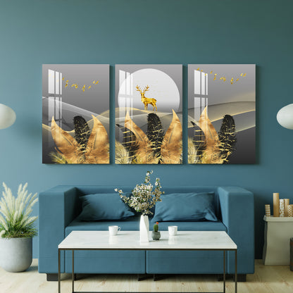 Golden & Black Feathers with Deer Acrylic Wall Art (Set of 3)