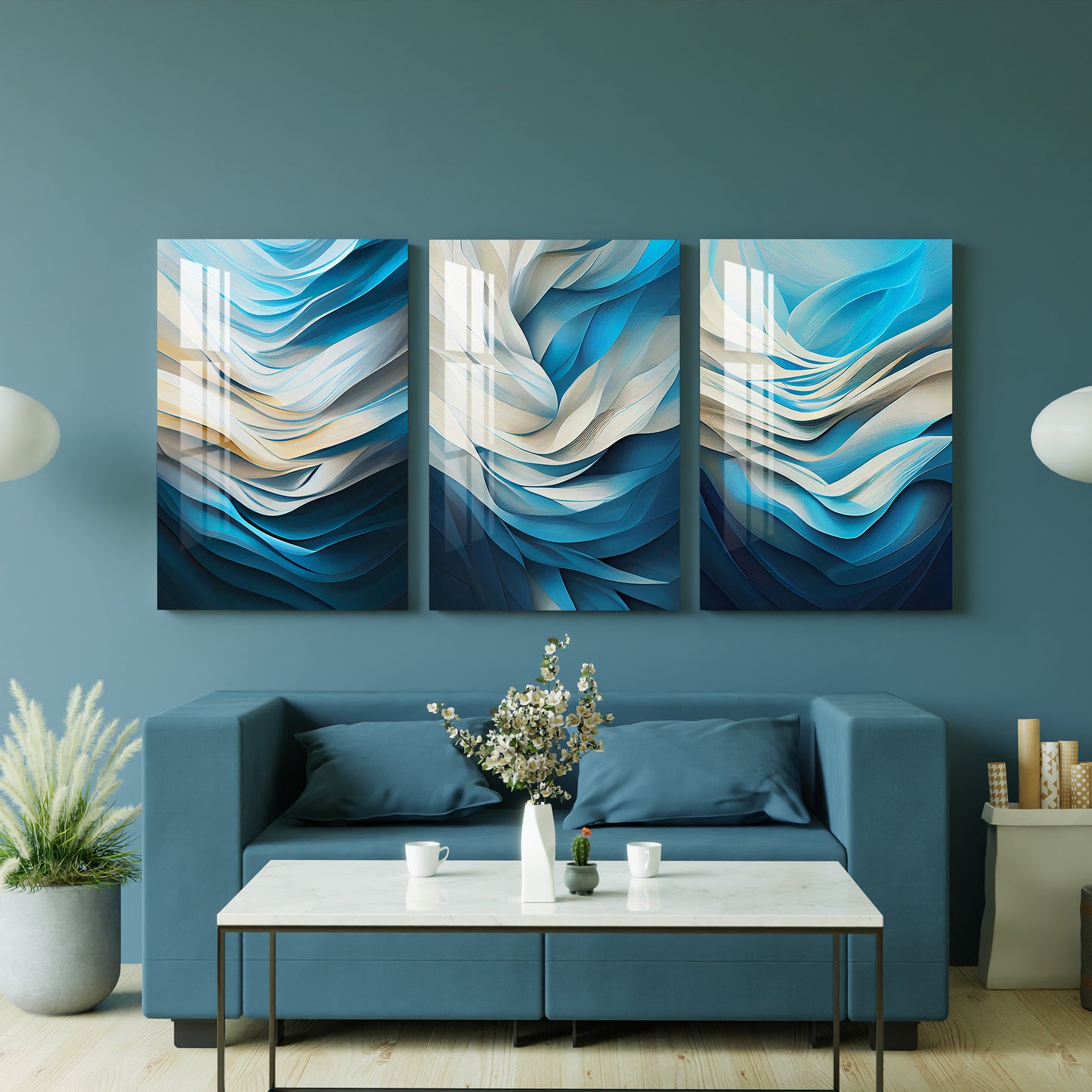 Blue & White Fractal Print Acrylic Wall Art (Set of 3)