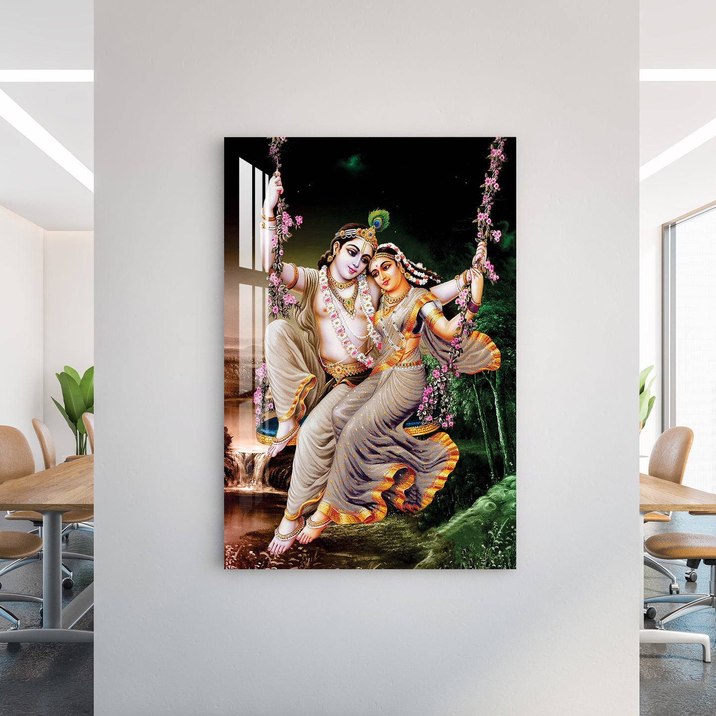 Radha Krishna on Floral Swing Acrylic Wall Art