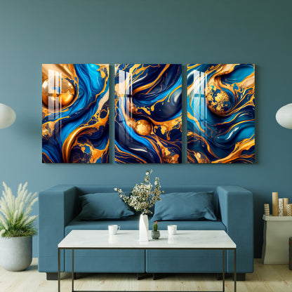 Swirling Blue Golden Ink Acrylic Wall Art (Set of 3)