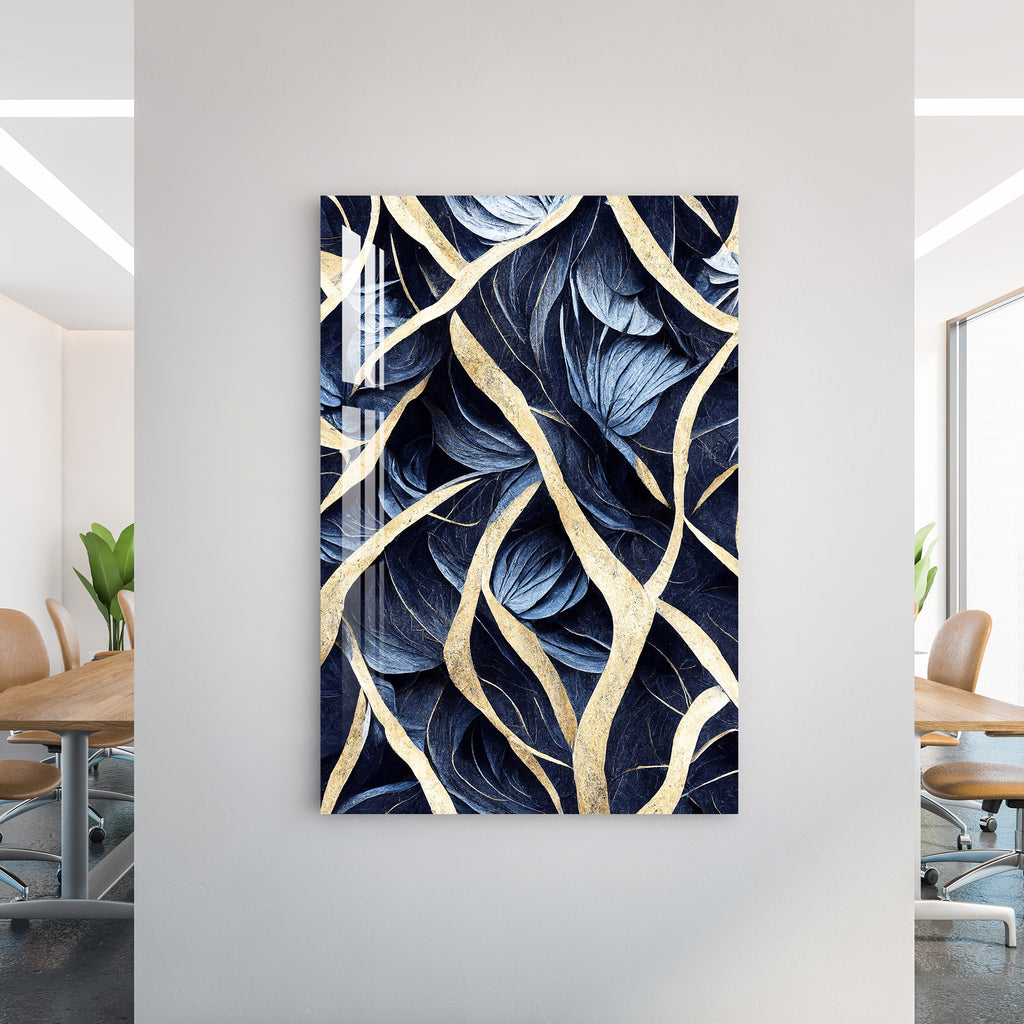 Golden Blue Abstract Lines Acrylic Wall Art
