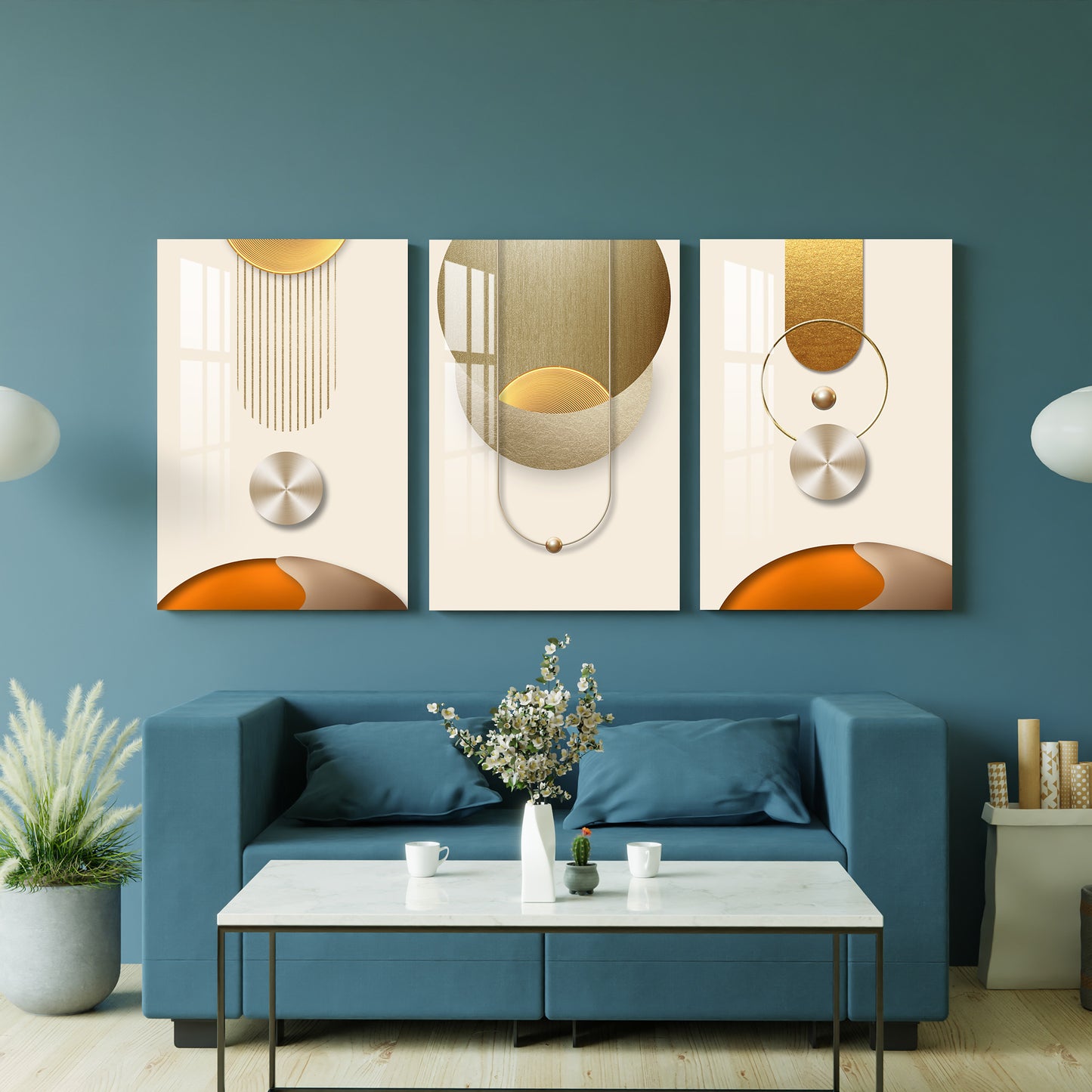 Golden Lines & Spheres Acrylic Wall Art (Set of 3)