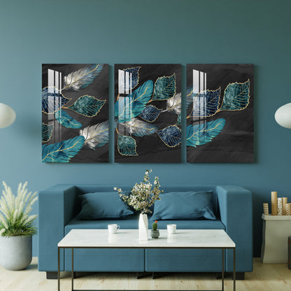 Blue, Turquoise & Gray Leaves Acrylic Wall Art ( Set of 3)