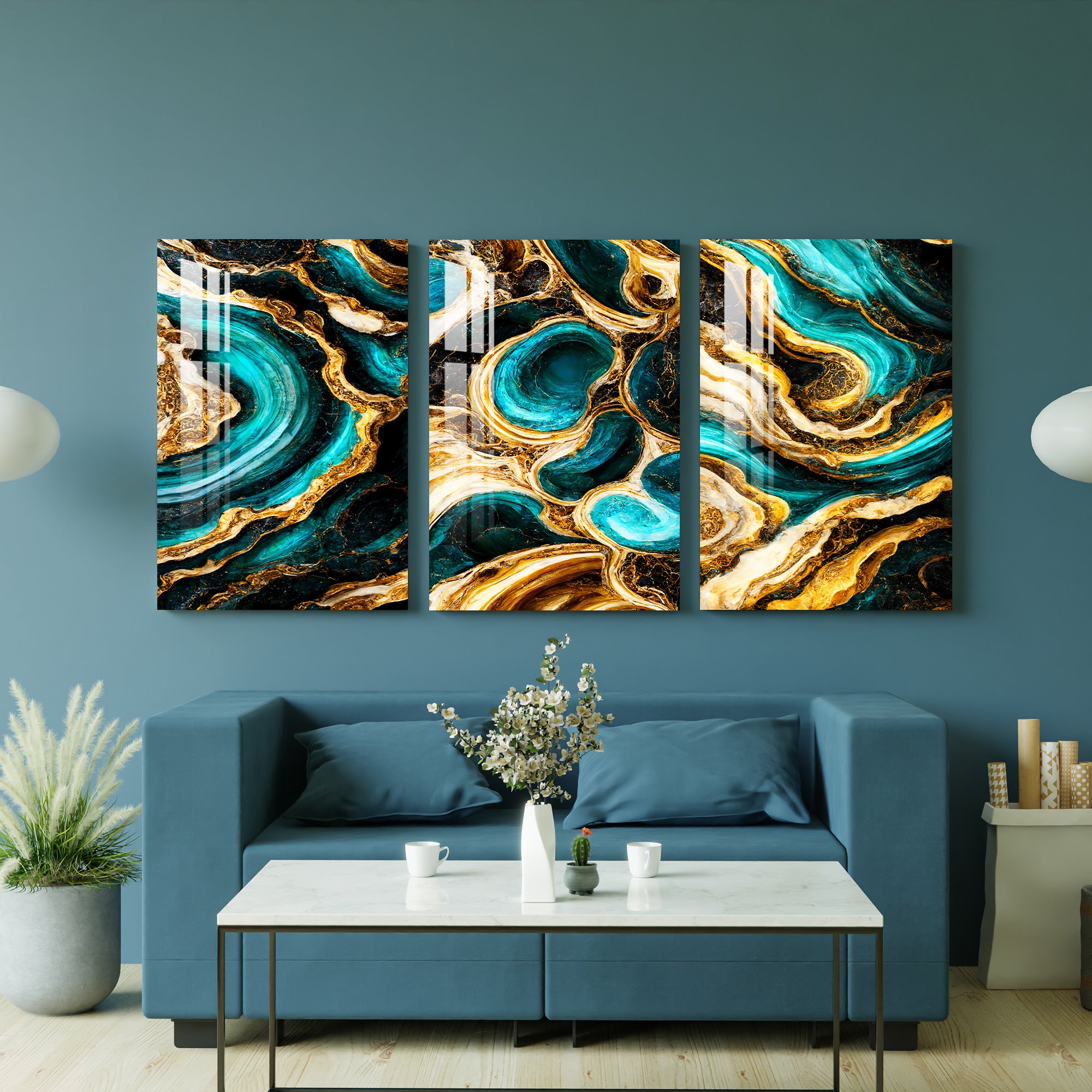 Cyan & Golden Waves Acrylic Wall Art (Set of 3)