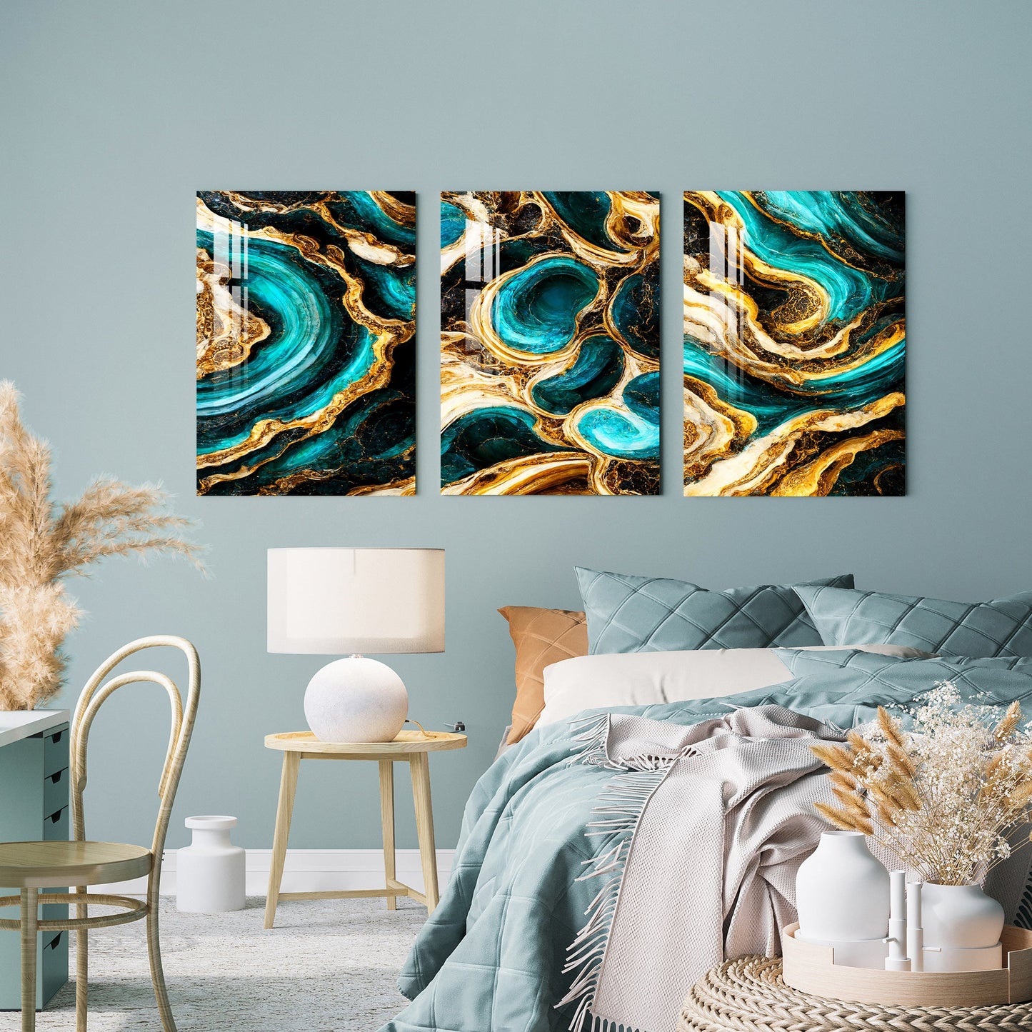 Cyan & Golden Waves Acrylic Wall Art (Set of 3) - 23.5X16 inches / 8MM (Premium)