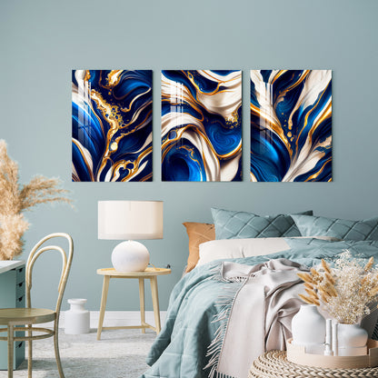 Blue, White & Golden Fluid Art Acrylic Wall Art (Set of 3)