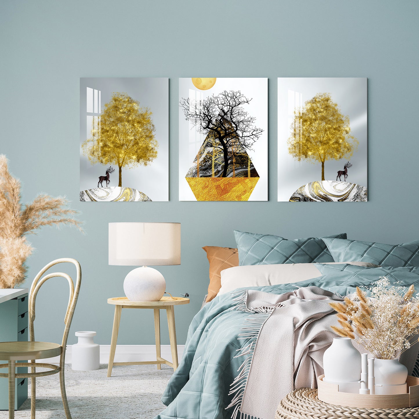 Black & Golden Trees with Sun Acrylic Wall Art (Set of 3)